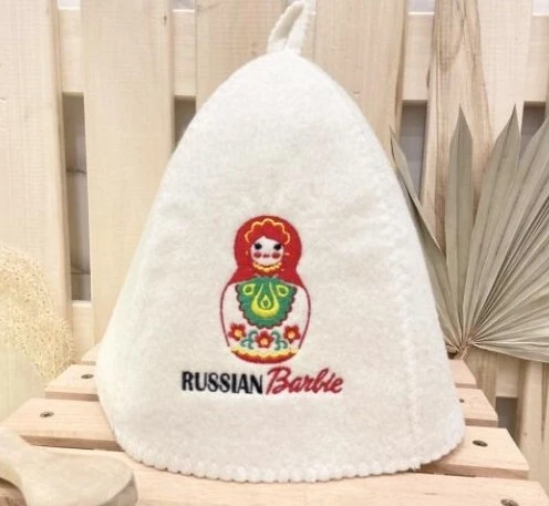 Шапка банная классическая с вышивкой "Russian Barbie", цвет белый, (без упаковки)
