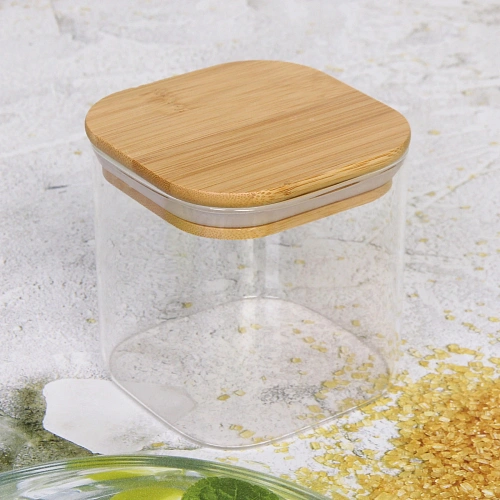 Банка для продуктов стеклянная 600мл Хай-Тек с бамбуковой крышкой, квадратная 1010см_4
