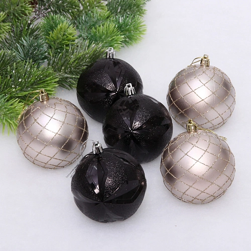 Новогодние шары "Снежный вальс" 8 см (набор 6 шт), Черный/Шампань