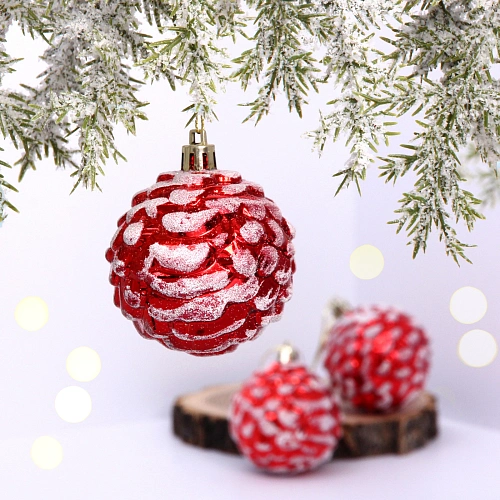 Ёлочные игрушки "Шишки нарядные" 6 см (набор 3 шт), красный/белый