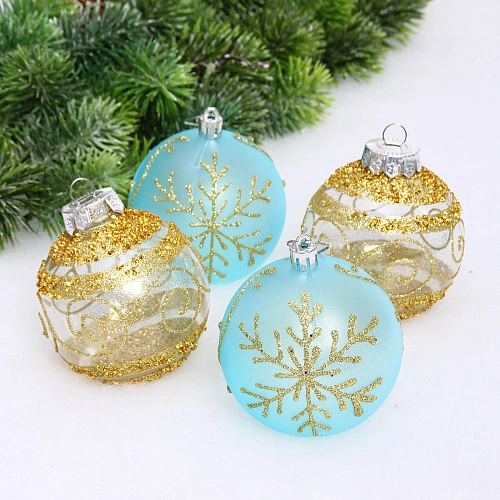 Набор шаров "Морозная вуаль" 8 см (в наборе 4 шт), Голубой, золото