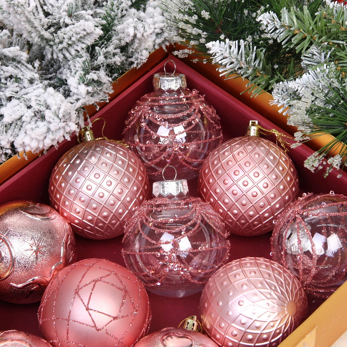 Новогодние шары "Зимняя нежность" 8 см (набор 12 шт), Розовое золото