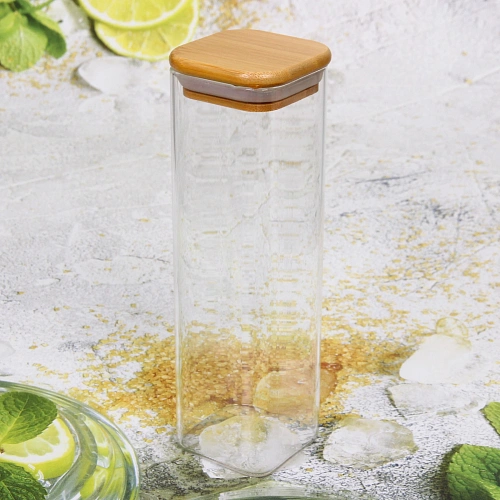Банка для продуктов стеклянная 560мл Хай-Тек с бамбуковой крышкой, квадратная 620см_5