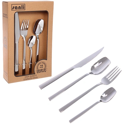 Набор столовых приборов "SANLI" 16шт (4ножа, 4вилки, 4ст.ложки, 4ч.ложки), цвет серебро, прямой