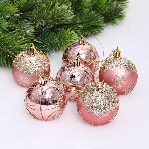 Набор шаров "Снежный тепет" 6 см (в наборе 6 шт), Розовое золото