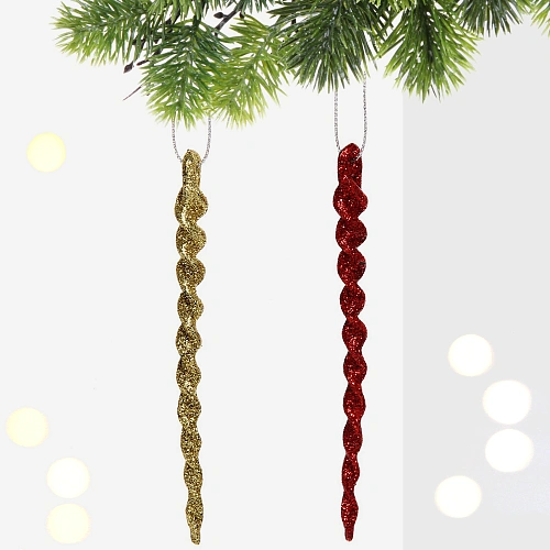 Подвески в блестках "Ледяные сосульки" 10 см (набор 2шт), красный/золото