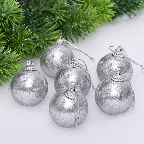 Новогодние шары 4 см (набор 6 шт) "Блестящее напыление", серебро