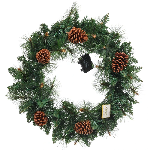 Венок хвойный Богатство шишек d-60 см леска, ПВХ, свечение - Теплый белый_4