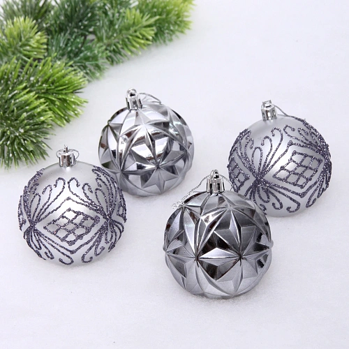 Новогодние шары 7 см (набор 4 шт) "Симфония леса", графит/серебро