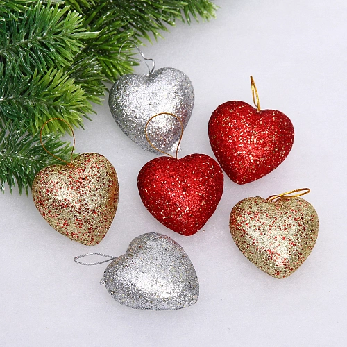 Набор украшений PRIME "Искрометное сердце" 5,5 см (набор 6 шт), Красный,золото, серебро