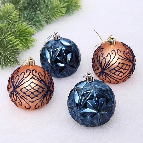 Новогодние шары 7 см (набор 4 шт) "Симфония леса", сапфир/шампань