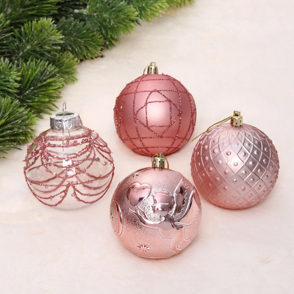 Новогодние шары "Зимняя нежность" 8 см (набор 12 шт), Розовое золото