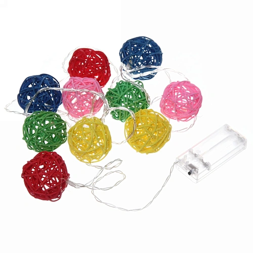 Гирлянда для дома  2м 10 ламп LED с насадками ШАР ПЛЕТЕНЫЙ ЦВЕТНОЙ d-5 см, прозрачпровод, Теплый белый_6