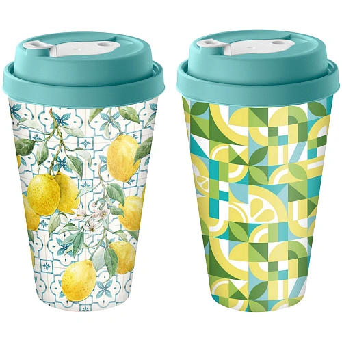 Стакан с крышкой 550мл с декором с клапаном "Sicily Lemon" (зеленый)