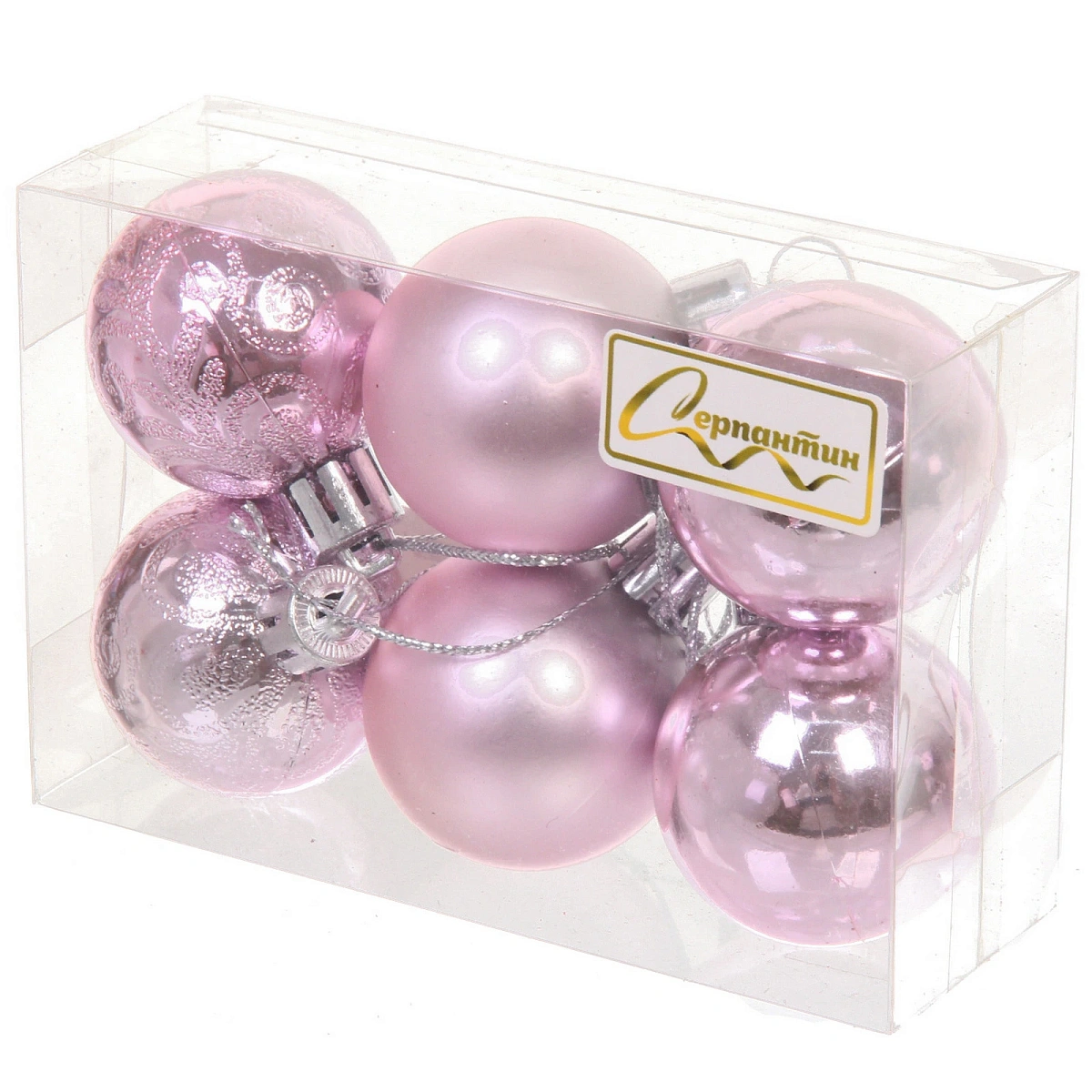 Новогодние шары 4 см (набор 6 шт) "Микс фактур", розовый