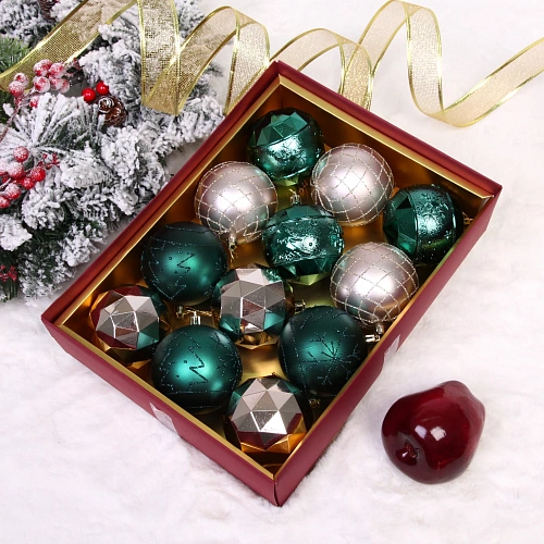 Новогодние шары "Волшебный вальс" 8 см (набор 12 шт), Изумруд/Шампань