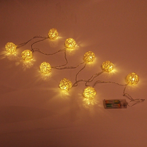 Гирлянда для дома  2м 10 ламп LED с насадками ШАР ПЛЕТЕНЫЙ БЕЛЫЙ d-5 см, прозрачпровод, Теплый белый на батарейках 2АА_4