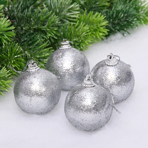Новогодние шары 5 см (набор 4 шт) "Блестящее напыление", серебро