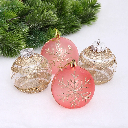 Набор шаров "Морозная вуаль" 8 см (в наборе 4 шт), Розовое золото, шампань