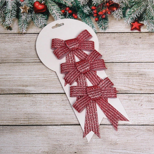 Бант на ёлку Блестящие полосы 912 см (набор 3 шт), Красный_3