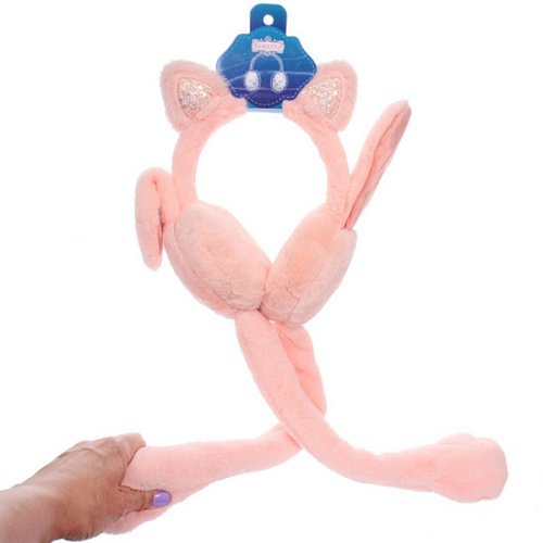 Наушники меховые с двигающимися ушками "Salon Teplo", кошечка, цвет розовый персик, ( подвес Ultramarine)