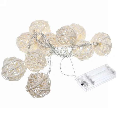 Гирлянда для дома  2м 10 ламп LED с насадками ШАР ПЛЕТЕНЫЙ БЕЛЫЙ d-5 см, прозрачпровод, Теплый белый на батарейках 2АА_6