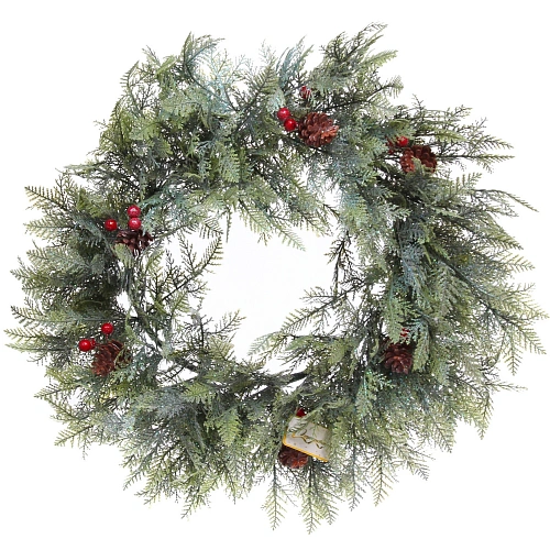 Венок хвойный "Искрящиеся ветви" d-50 см, литой ПВХ, шишки, ягоды