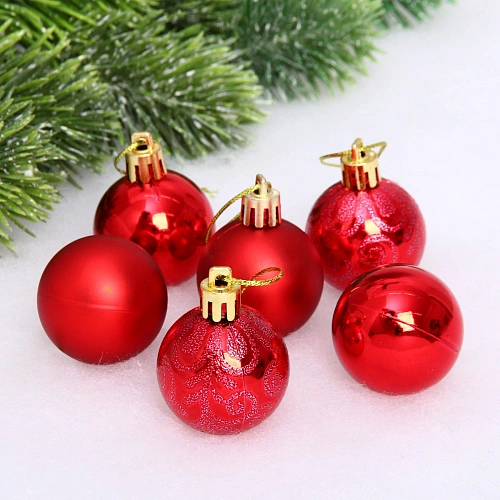 Новогодние шары 4 см (набор 6 шт) "Микс фактур", красный