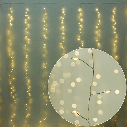 Гирлянда для дома ЗАНАВЕС 3м*3м 900 ламп LED "Мишура", IP-20, 8 режимов. Теплый белый (возможность соединения)