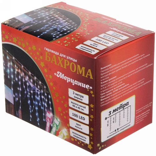 Гирлянда для улицы БАХРОМА Мерцание ш3м в4060см 100 ламп LED, прозрпровод,1 режим, IP-54, Мультицвет (возможность соединения)_8