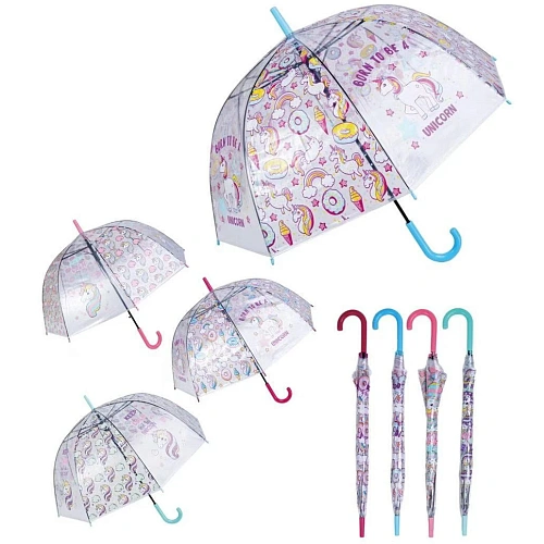 Зонт-трость женский купол Единорог микс 4 цвета, 8 спиц, d-82см, длина в слож виде 82см    _34