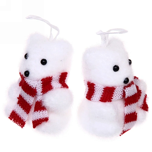 Ёлочные игрушки Мишка в шарфике 7 см (набор 2 шт), белый блеск_3