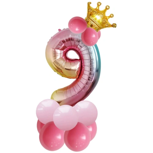 Шар фольгированный 81 см “Цифра 9” с набором шаров (розовый перелив)