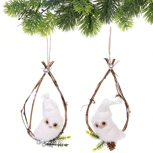 Подвеска Совушка в колпачке - На веточке 17 см (в ассортименте), Белый_3