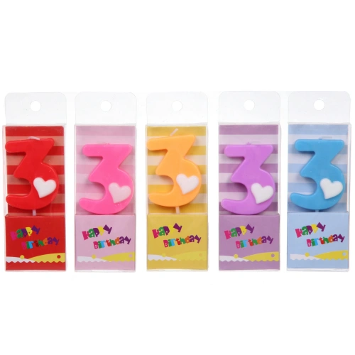 Свеча для торта Цифра Сердечко "3" 9 см, микс цветов