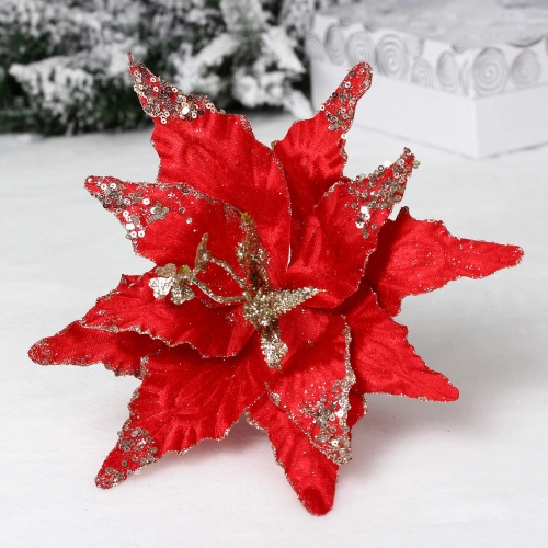 Украшение новогоднее "Пуансеттия - Звёздное небо" 28 см, Красный/шампань