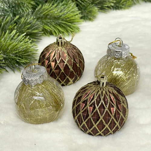 Новогодние шары 6 см (набор 4 шт) "Яркая метель", шоколад/золото