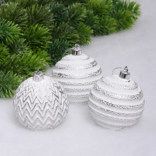Новогодние шары VERSAILLES "Лесное таинство" 8 см (набор 3 шт), Белый/серебро