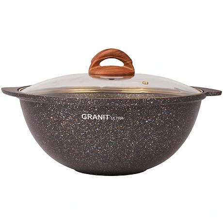 Казан для плова 4,5л со стекл. крышкой, АП линия "Granit ultra" (black-gold)