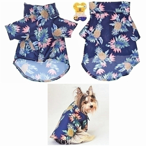 Рубашка для собак и кошек малых и средних пород СТИЛЬНЫЙ БРО, цвет синий, принт ананасы с цветами, размер M_2