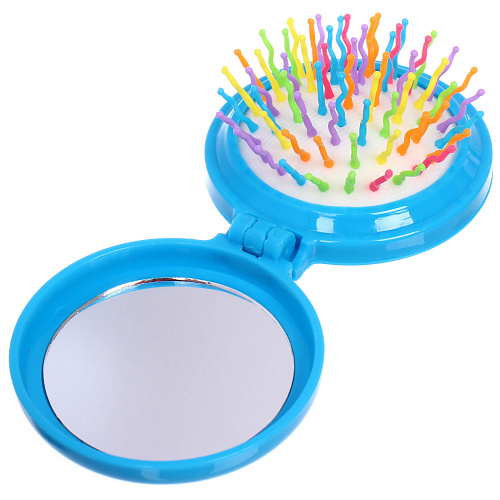 Расческа массажная детская складная Barbariska, с зеркалом, стильная Аннет, разноцветные зубчики, цвет сине - голубой, d-7см_4