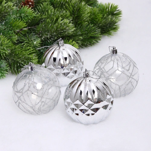 Набор шаров "Волшебные узоры " 8 см (в наборе 4 шт), Серебро
