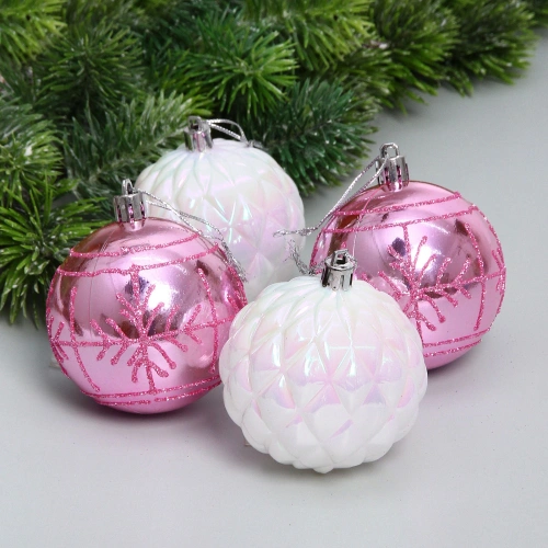 Набор шаров "Метелица" 7 см (в наборе 4 шт), Белый, розовый