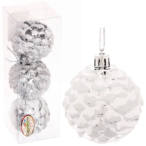 Ёлочные игрушки Шишки нарядные 6 см (набор 3 шт), серебробелый_2