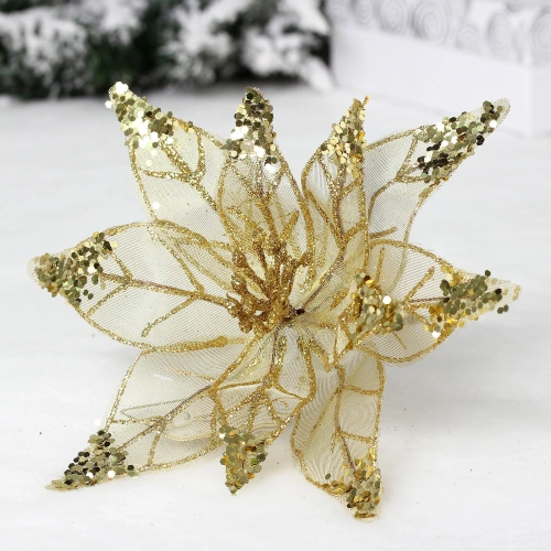 Украшение новогоднее "Пуансеттия - Искристый цветок" 20 см, Золото