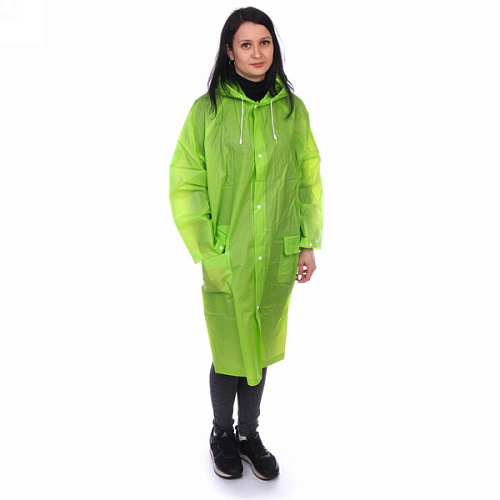 Дождевик-плащ 140 Мкрн 110см Урал с капюшоном и завязками, на кнопках, зеленый ДоброСад_12