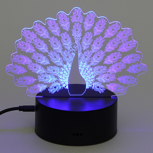 Светильник ночник 3D-Павлин на пластиковой подставке, с включателем USB_7