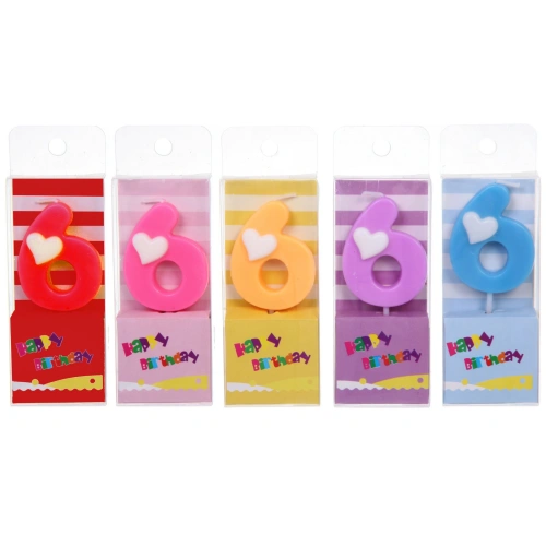 Свеча для торта Цифра Сердечко "6" 9 см, микс цветов