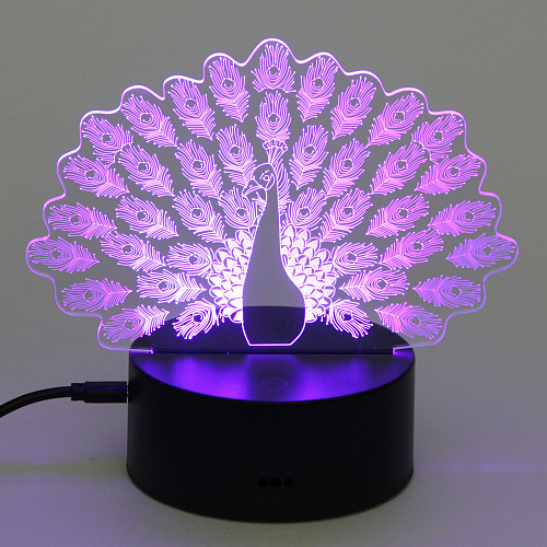 Светильник ночник 3D-Павлин на пластиковой подставке, с включателем USB_9